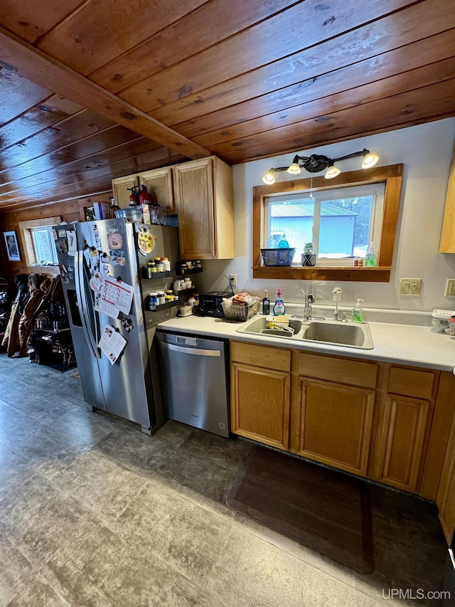 kitchen with sink, wooden ceiling, and appliances with stainless steel finishes