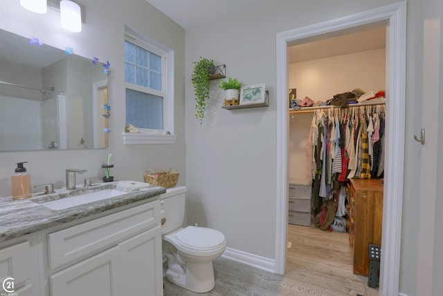 bathroom with a shower, vanity, wood-type flooring, and toilet