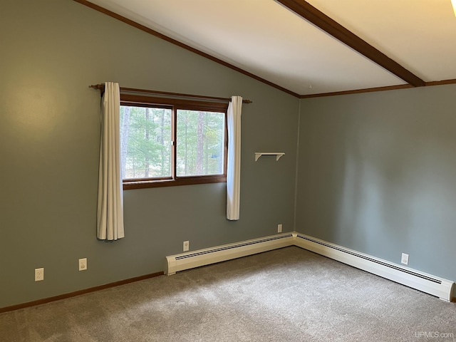 empty room with carpet and lofted ceiling with beams