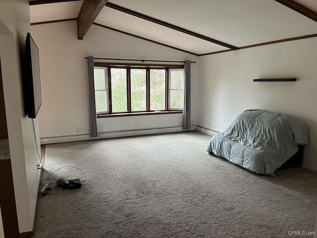 interior space featuring light carpet, lofted ceiling with beams, and a baseboard radiator