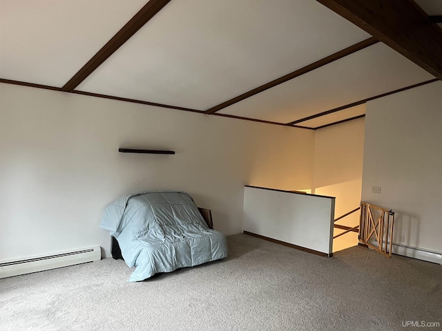 unfurnished room featuring carpet and a baseboard heating unit