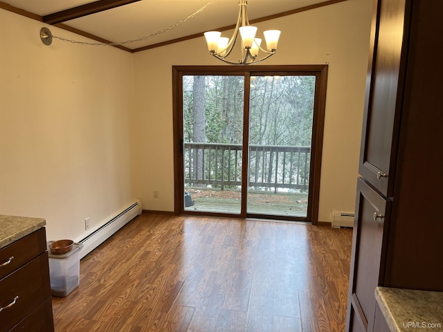 unfurnished dining area with baseboard heating, wood-type flooring, and a notable chandelier