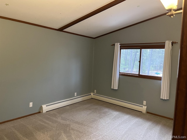 spare room with carpet flooring, ornamental molding, vaulted ceiling, and a baseboard heating unit