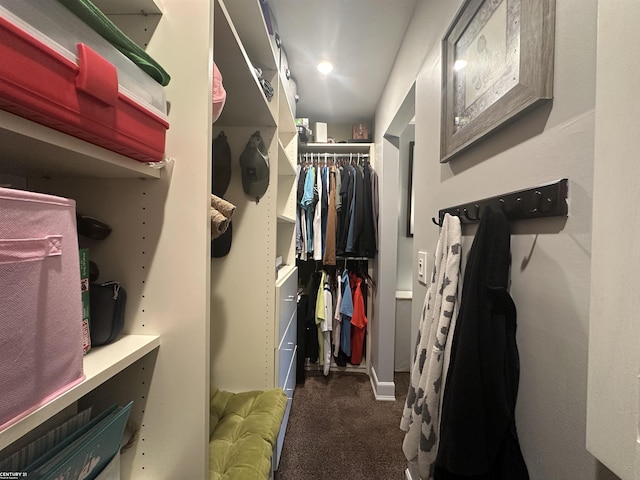 walk in closet featuring dark carpet