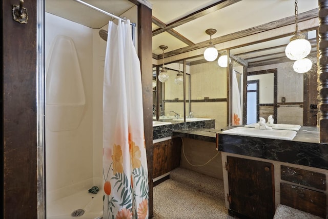 bathroom featuring vanity and walk in shower