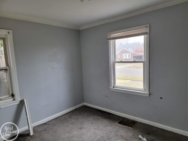 carpeted empty room with crown molding