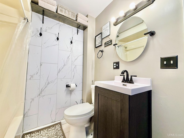 full bathroom featuring shower / bathtub combination with curtain, tile patterned flooring, vanity, and toilet