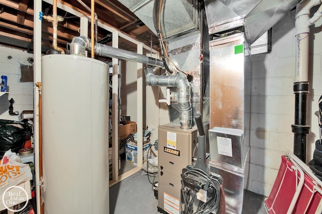 utility room with gas water heater and heating unit