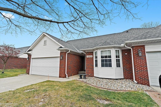 ranch-style home featuring a garage and a front lawn