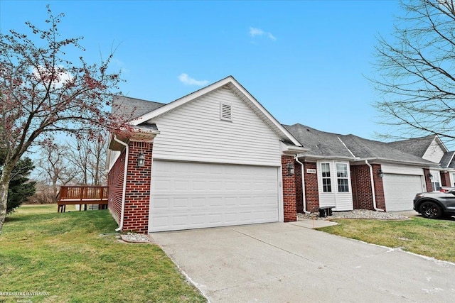 single story home with a front yard, a garage, and a deck