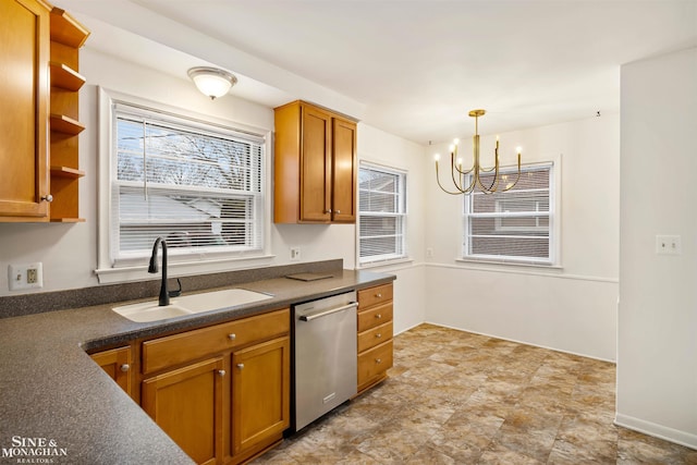 kitchen featuring stainless steel dishwasher, decorative light fixtures, sink, and a chandelier