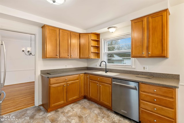 kitchen featuring dishwasher, a chandelier, and sink