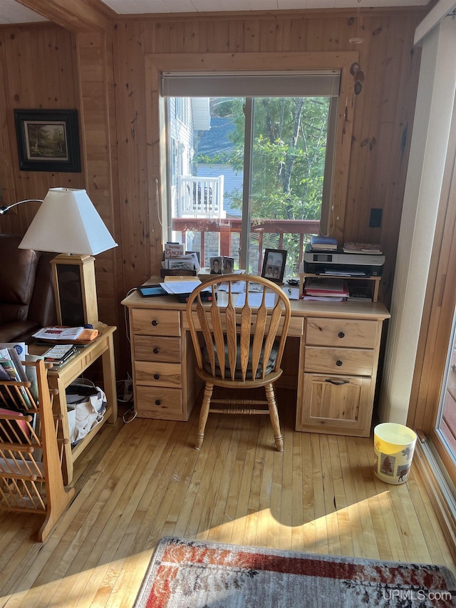 office area featuring light hardwood / wood-style floors and wooden walls