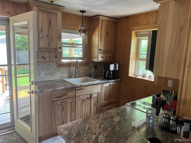 kitchen with wood walls, a healthy amount of sunlight, sink, and hanging light fixtures