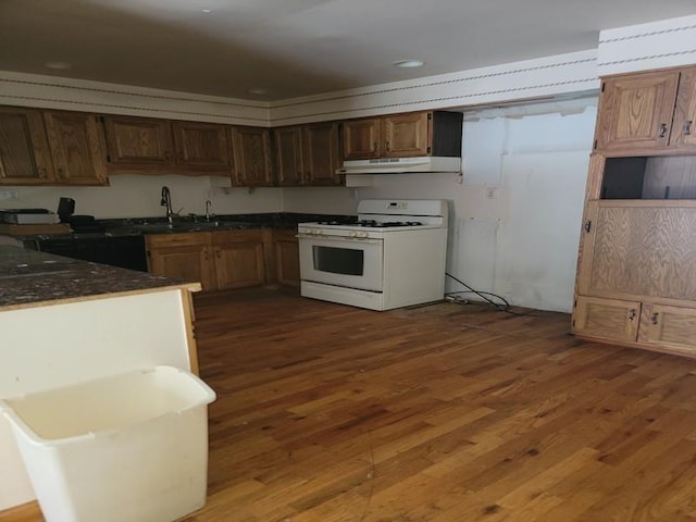 kitchen featuring sink, dark wood-type flooring, and white gas range oven