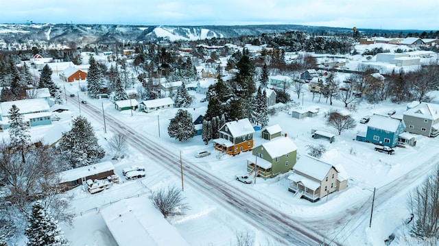 snowy aerial view featuring a mountain view