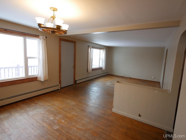 spare room featuring an inviting chandelier, light hardwood / wood-style floors, beam ceiling, and a baseboard heating unit