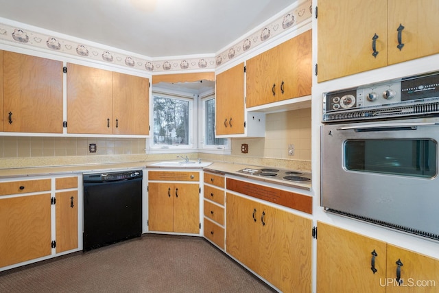 kitchen with oven, sink, decorative backsplash, black dishwasher, and white cooktop