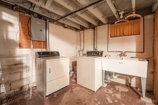 washroom with independent washer and dryer and electric panel