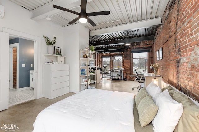 bedroom with a wall unit AC, beamed ceiling, and brick wall