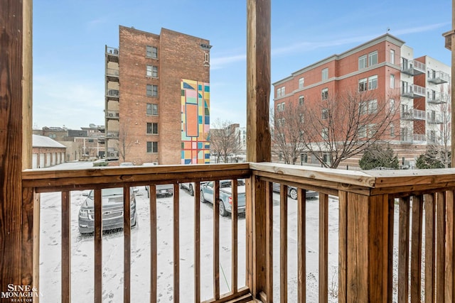 view of snow covered deck