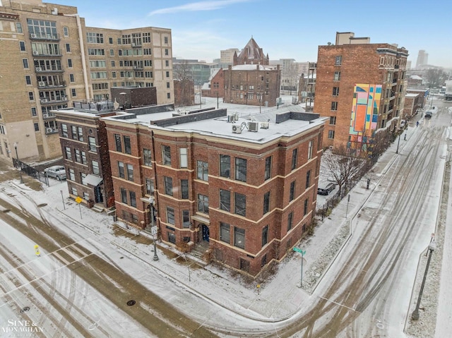 view of snow covered building