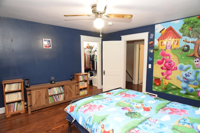 bedroom featuring ceiling fan, dark hardwood / wood-style floors, a walk in closet, and a closet