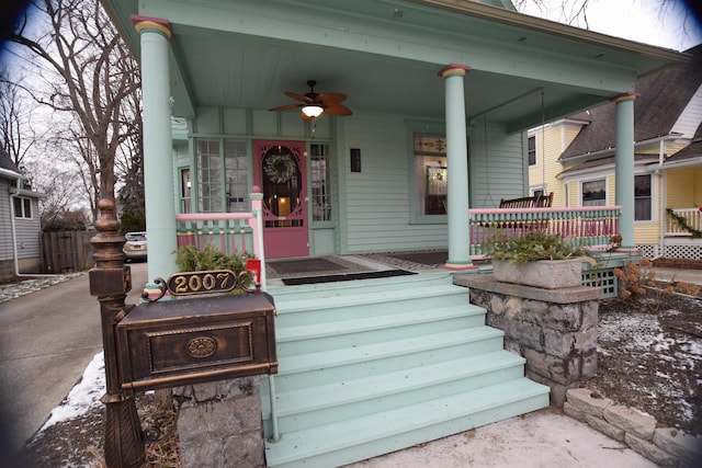 exterior space featuring ceiling fan and a porch