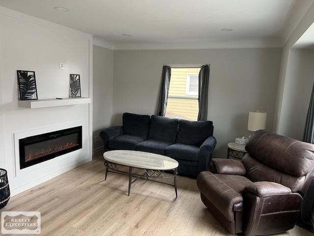 living room with light wood-type flooring and ornamental molding