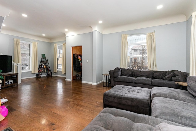 living room with dark hardwood / wood-style flooring