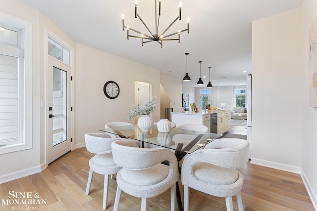 dining area with sink and light hardwood / wood-style floors