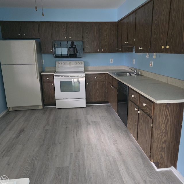 kitchen featuring black appliances, dark brown cabinets, light wood-type flooring, and sink