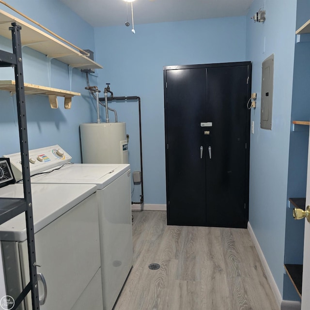 30442 Utica Rd, Roseville, MI 48066 - washroom with washer and dryer, electric panel, light hardwood / wood-style flooring, and water heater