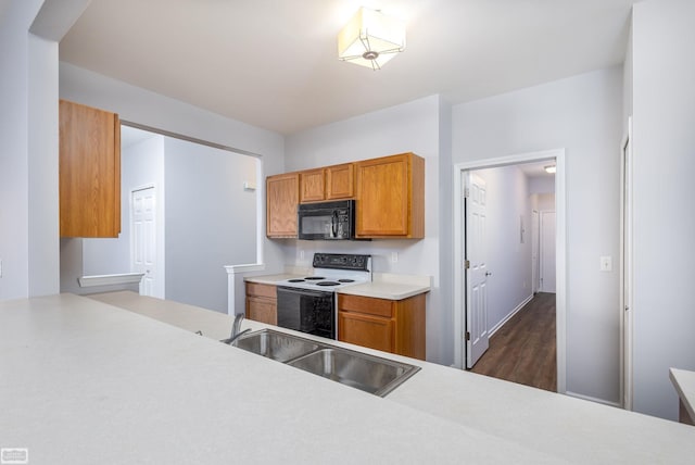 kitchen with white electric range oven, dark hardwood / wood-style floors, and sink