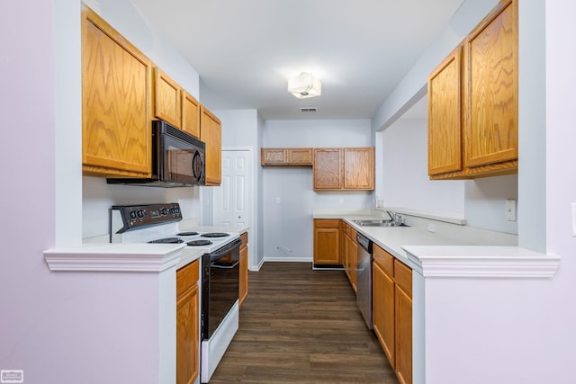 kitchen with white range with electric cooktop, dark hardwood / wood-style floors, stainless steel dishwasher, and sink