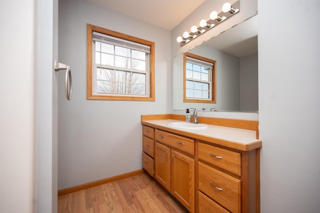 bathroom with wood-type flooring and vanity