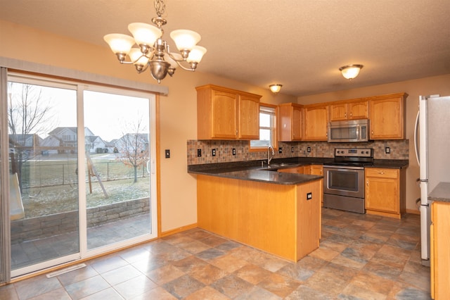 kitchen with backsplash, an inviting chandelier, sink, hanging light fixtures, and appliances with stainless steel finishes