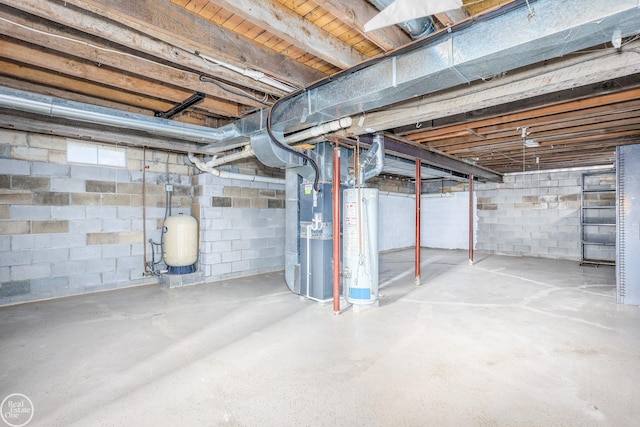 basement featuring gas water heater