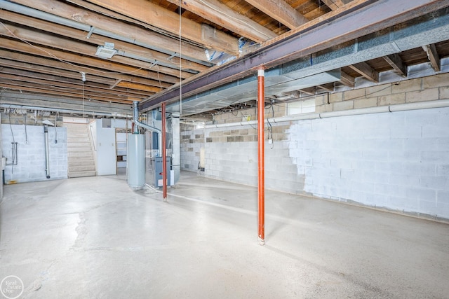 basement with heating unit and water heater