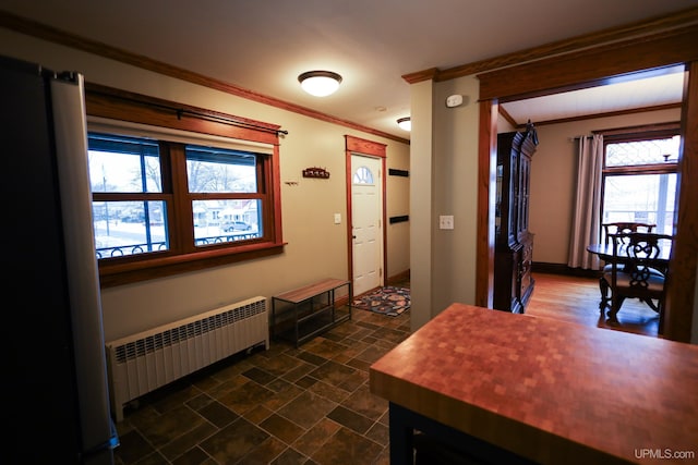 entrance foyer featuring radiator and ornamental molding