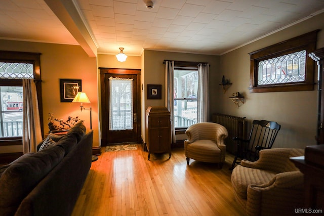 foyer with light hardwood / wood-style flooring, radiator, and ornamental molding