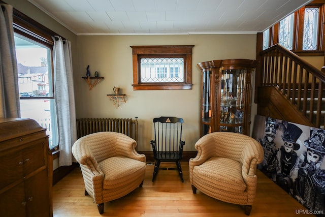 sitting room with crown molding, radiator heating unit, plenty of natural light, and light wood-type flooring