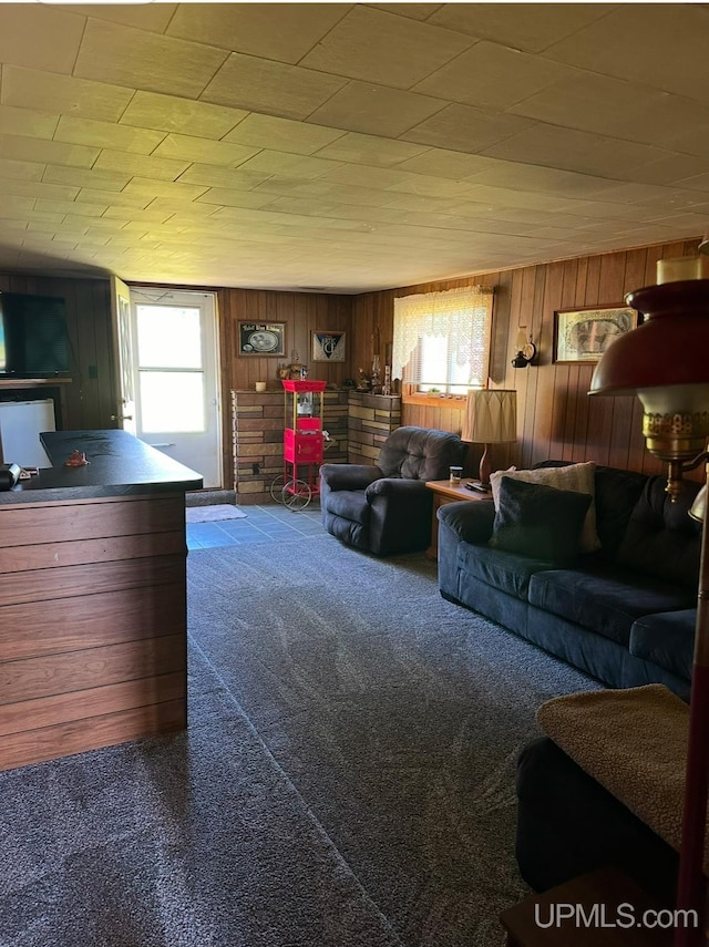 living room with carpet flooring and wooden walls