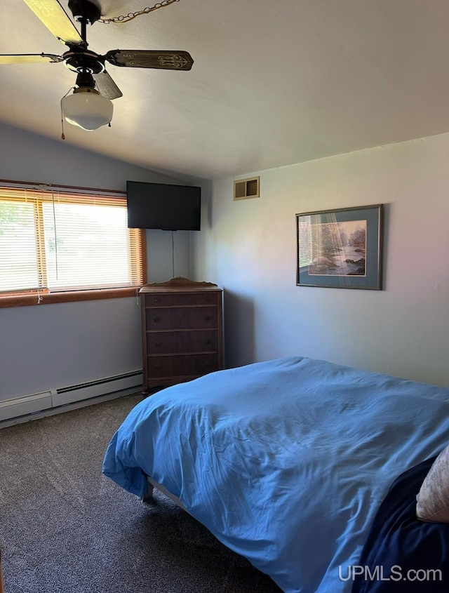 bedroom featuring carpet flooring, ceiling fan, lofted ceiling, and a baseboard heating unit