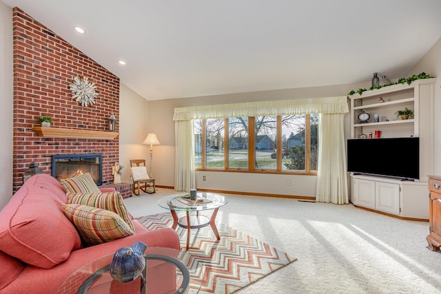 living room featuring a fireplace, light colored carpet, and vaulted ceiling