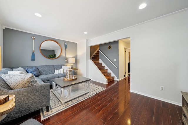 living room featuring crown molding and dark hardwood / wood-style floors