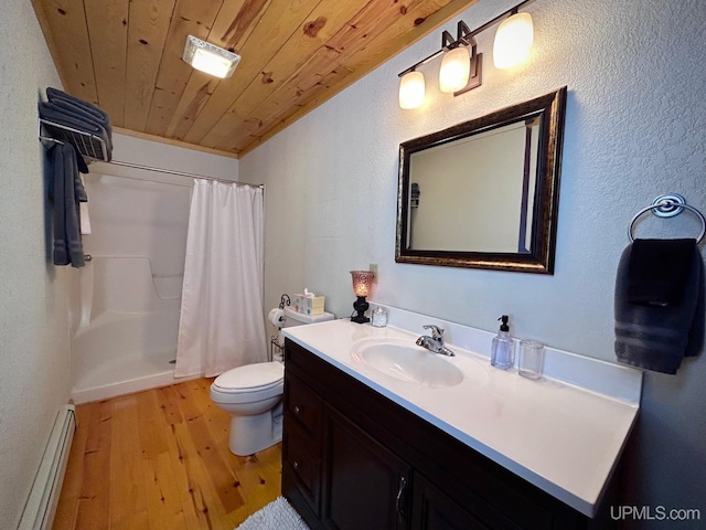 bathroom featuring a shower with shower curtain, hardwood / wood-style floors, baseboard heating, and wooden ceiling