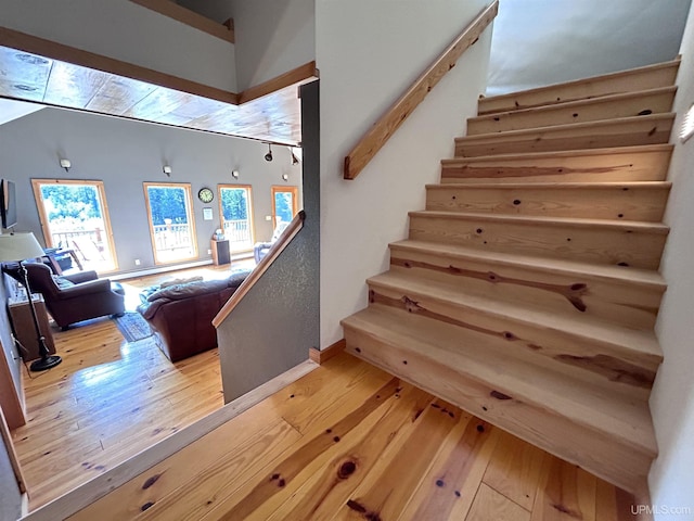 staircase with wood-type flooring