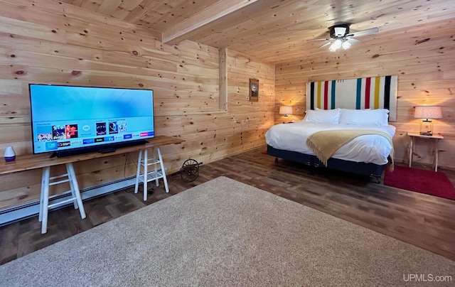 bedroom featuring beam ceiling, ceiling fan, dark wood-type flooring, and wood ceiling