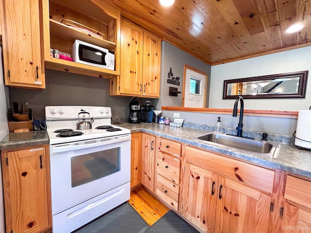 kitchen featuring crown molding, sink, wood ceiling, and white appliances